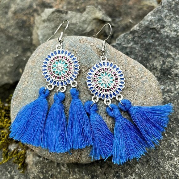 Boutique Jewelry - Bohemian Flower Tassel Fringe Drop Earrings Blue